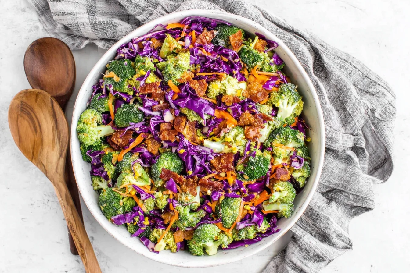 Broccoli Salad with Honey Dijon Dressing mixed with bacon, cabbage, and carrots in a bowl