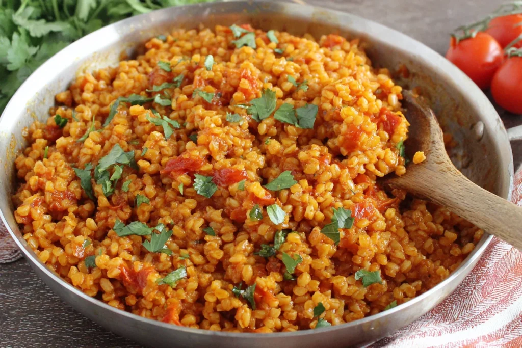 Bulgur Tomato Pilaf in a pan with fresh parsley and tomatoes