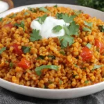 Bowl of Bulgur Tomato Pilaf topped with yogurt and fresh herbs
