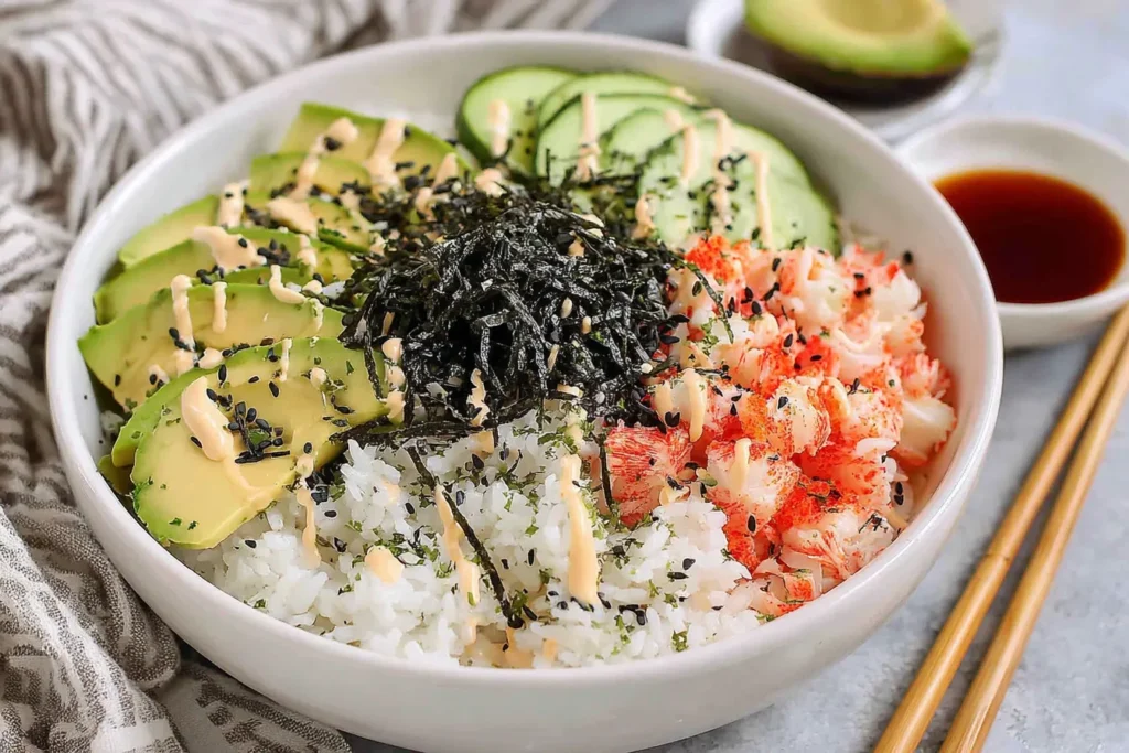 California Roll Sushi Bowls with crab, avocado slices, cucumber, sesame seeds and nori over seasoned sushi rice