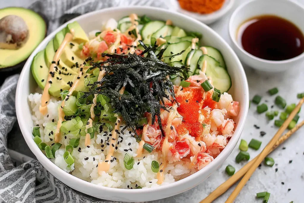 California Roll Sushi Bowls with imitation crab, avocado, cucumber, sushi rice, nori and spicy mayo drizzle