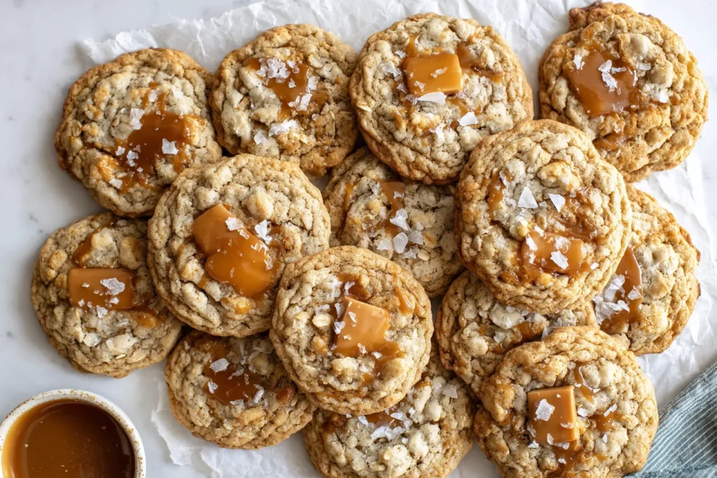 Batch of Caramel Oatmeal Cookies with soft caramel centers and flaky salt on parchment paper