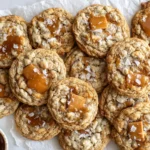 Batch of Caramel Oatmeal Cookies with soft caramel centers and flaky salt on parchment paper