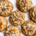 Caramel Oatmeal Cookies topped with gooey caramel and flaky sea salt on a marble surface