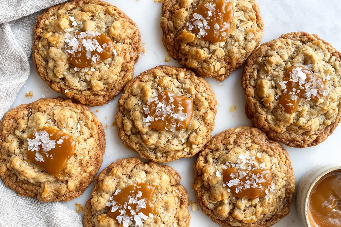 Caramel Oatmeal Cookies topped with gooey caramel and flaky sea salt on a marble surface