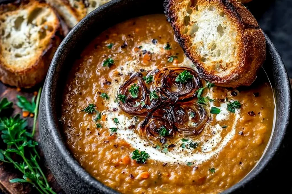 Bowl of Caramelized Onion Red Lentil Soup topped with creamy swirl, caramelized onion garnish, fresh parsley, and toasted artisan bread.