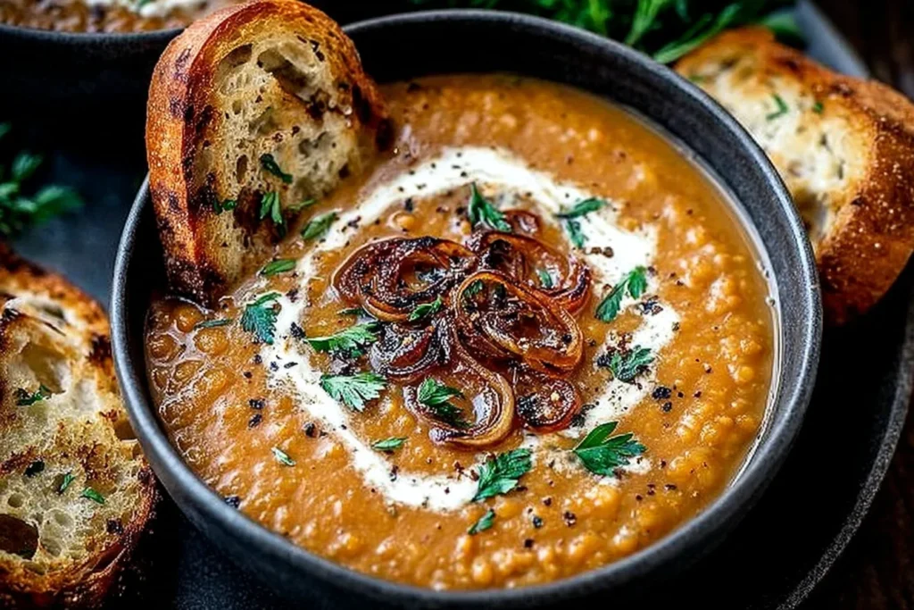 Creamy Caramelized Onion Red Lentil Soup topped with caramelized onions, herbs, and cream swirl, served with toasted rustic bread.