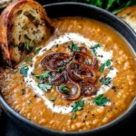 Creamy Caramelized Onion Red Lentil Soup topped with caramelized onions, herbs, and cream swirl, served with toasted rustic bread.