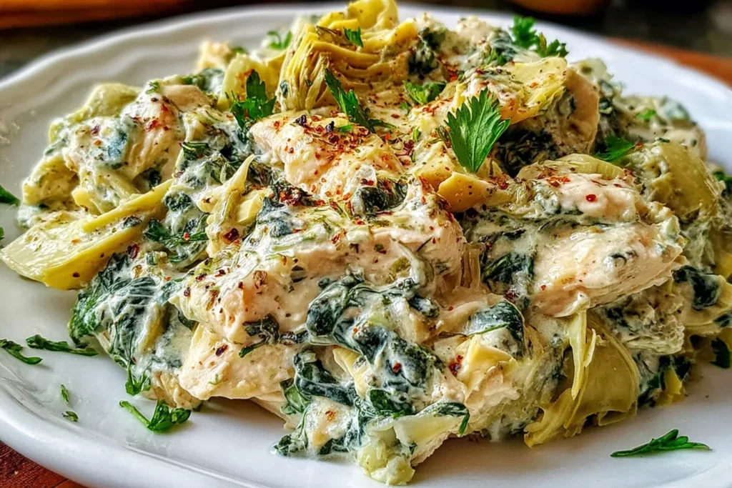 High-Protein Spinach and Artichoke Chicken Casserole plated with creamy sauce, juicy chicken, spinach, and artichokes topped with herbs