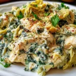 High-Protein Spinach and Artichoke Chicken Casserole plated with creamy sauce, juicy chicken, spinach, and artichokes topped with herbs