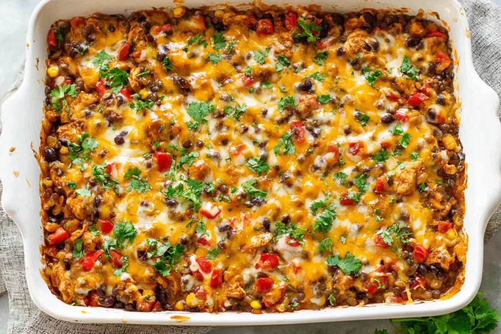 Tex Mex Chicken and Lentil Casserole baked with melty cheese, black beans, corn, peppers, and fresh cilantro in a white casserole dish.