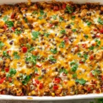 Tex Mex Chicken and Lentil Casserole baked with melty cheese, black beans, corn, peppers, and fresh cilantro in a white casserole dish.