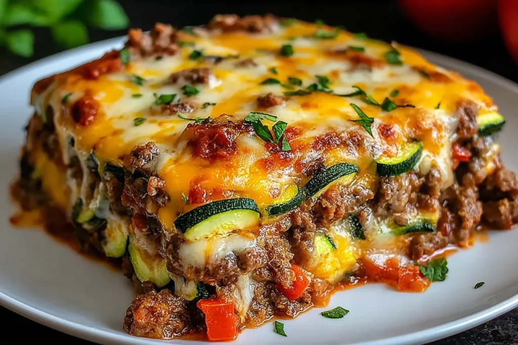 Zucchini Pizza Casserole with melted cheese, ground beef, and fresh zucchini layers baked to perfection
