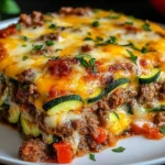 Zucchini Pizza Casserole with melted cheese, ground beef, and fresh zucchini layers baked to perfection