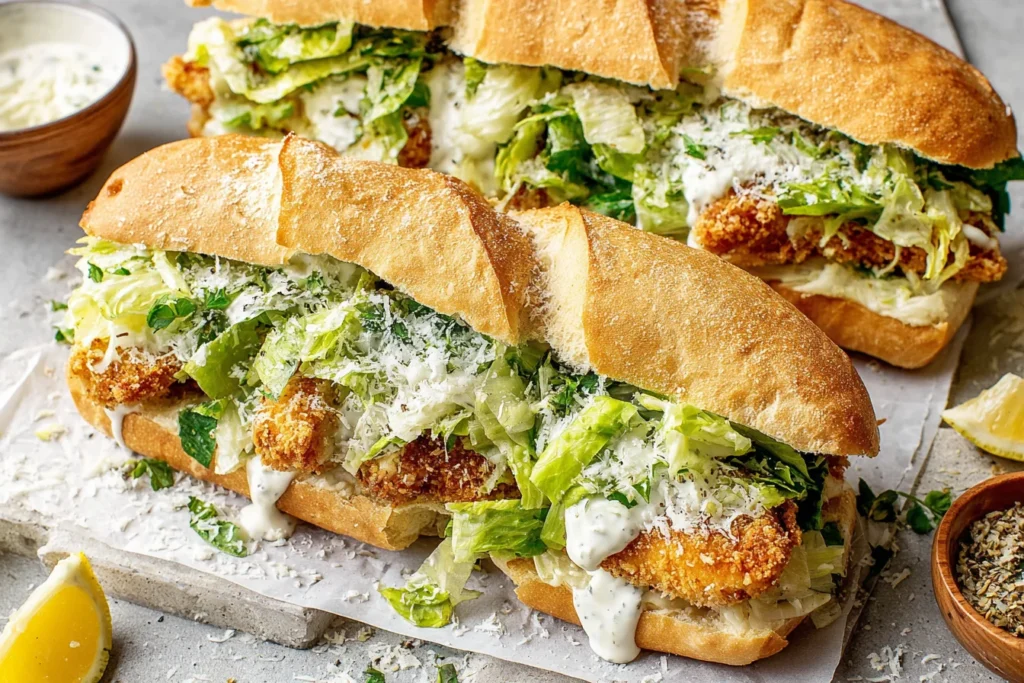 Chicken Caesar Sandwiches Recipe with crispy chicken, romaine lettuce, and parmesan on toasted bread