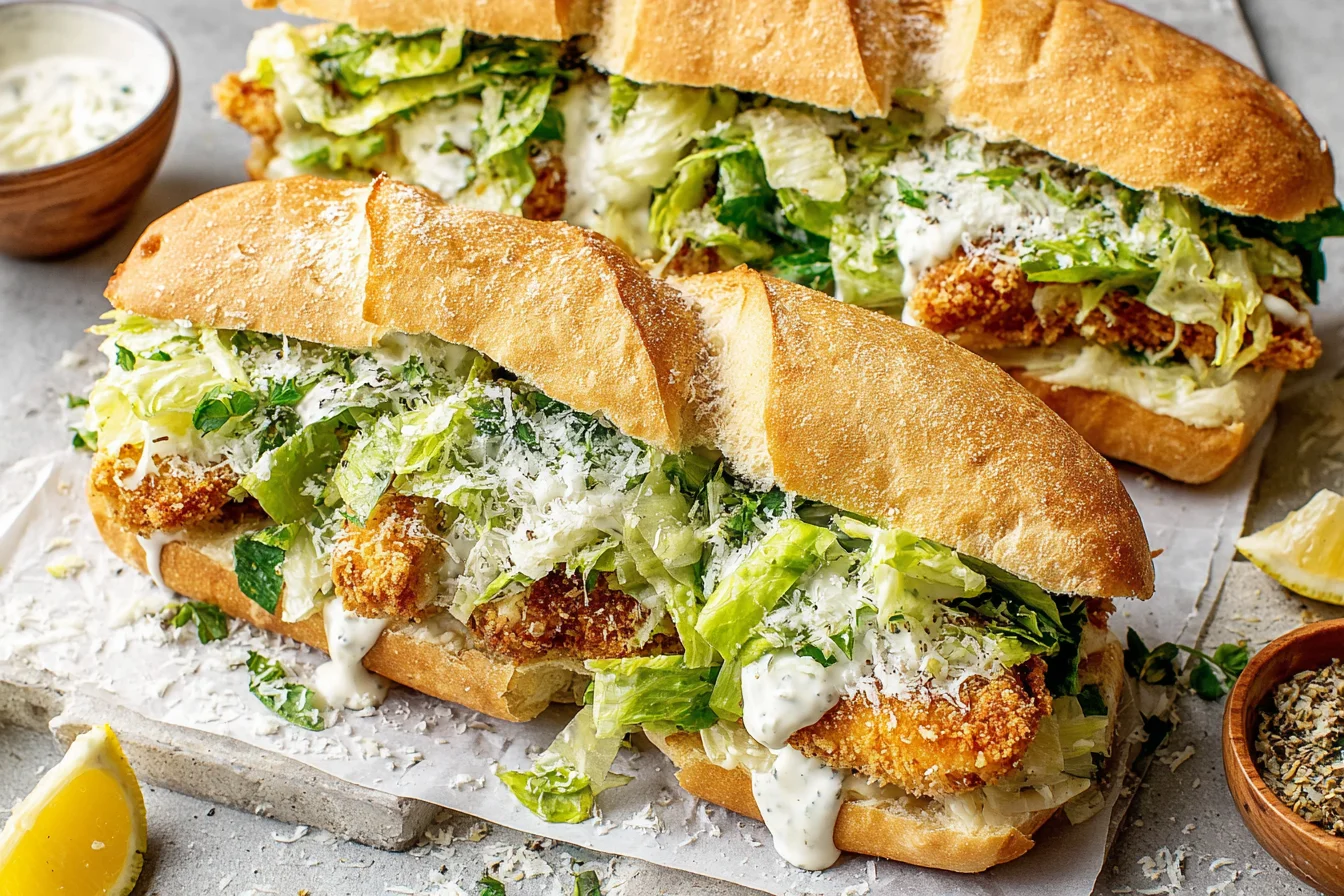 Chicken Caesar Sandwiches Recipe with crispy chicken, romaine lettuce, and parmesan on toasted bread