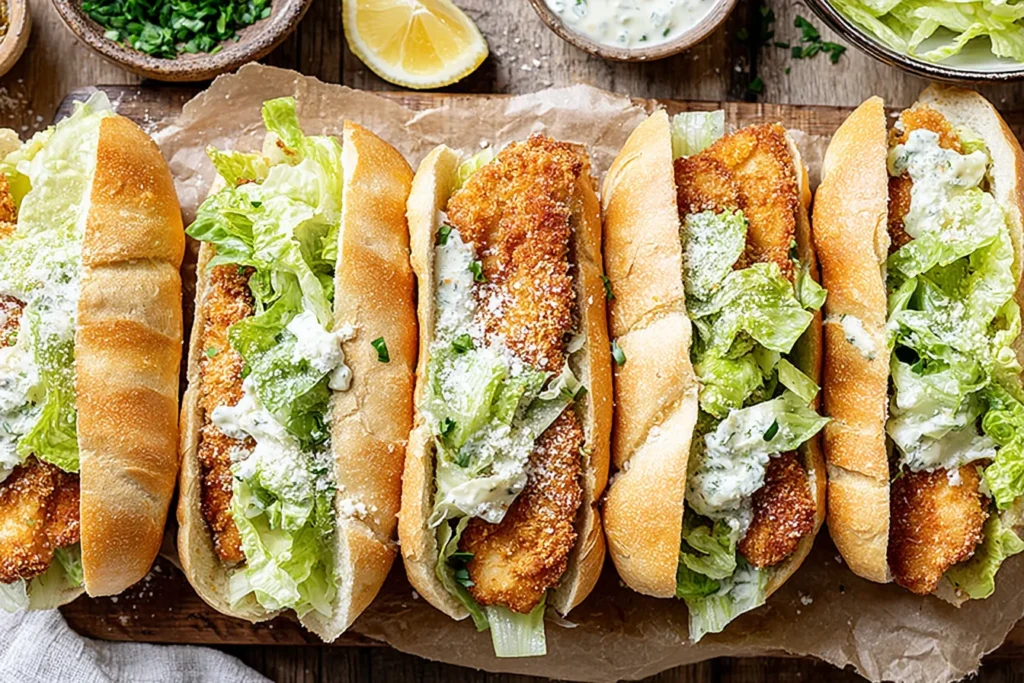 Chicken Caesar Sandwiches Recipe served in hoagie rolls with crunchy chicken and Caesar salad