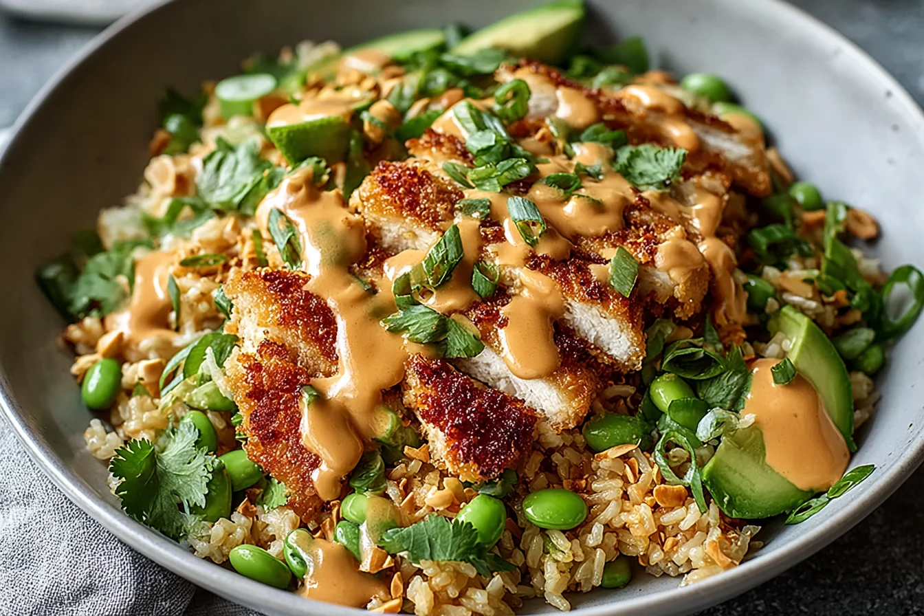 Chicken Crispy Rice Salad with Creamy Peanut Dressing topped with crispy chicken, avocado, herbs, and creamy peanut sauce in a fresh rice salad bowl