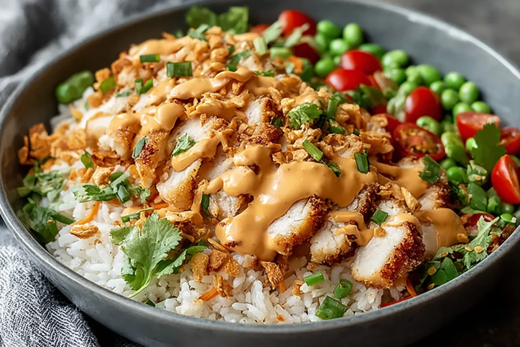 Chicken Crispy Rice Salad with Creamy Peanut Dressing served with sliced crispy chicken, fluffy rice, fresh herbs, edamame, and creamy peanut sauce