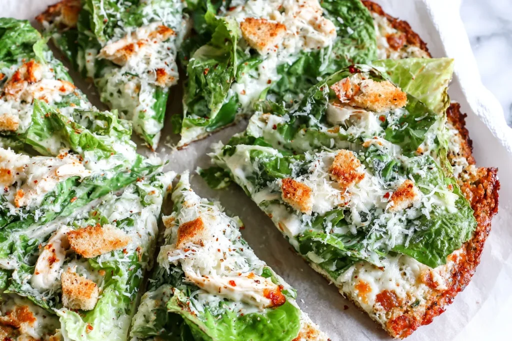 Sliced Chicken Crust Caesar Salad Pizza with romaine lettuce, parmesan cheese, croutons, and creamy Caesar dressing on a baked chicken crust