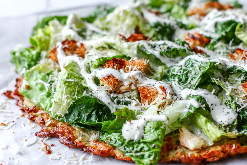 Chicken Crust Caesar Salad Pizza with crispy chicken crust topped with fresh romaine lettuce, parmesan cheese, and creamy Caesar dressing
