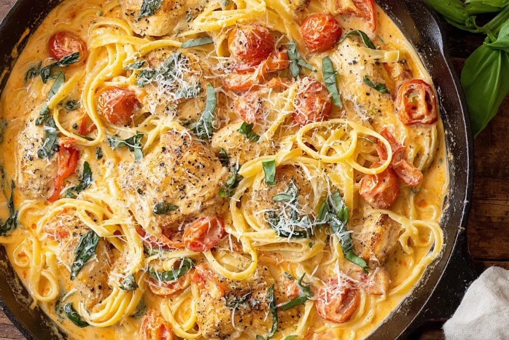 Creamy Chicken Pasta with Tomatoes with basil, parmesan, and tender chicken in a skillet