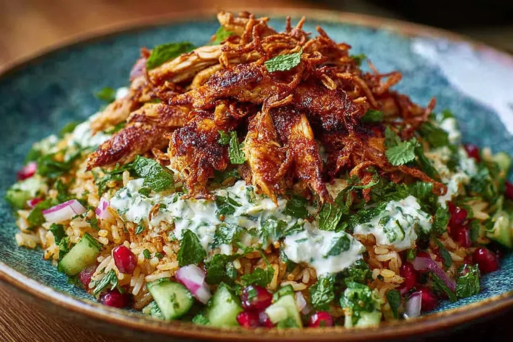 Chicken Shawarma Crispy Rice Salad with shawarma-spiced chicken, crispy rice, cucumber, red onion, fresh herbs, and creamy tahini sauce topped with pomegranate arils.