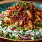 Chicken Shawarma Crispy Rice Salad bowl with spiced shredded chicken, crunchy golden rice, cucumber, red onion, herbs, and creamy tahini sauce.