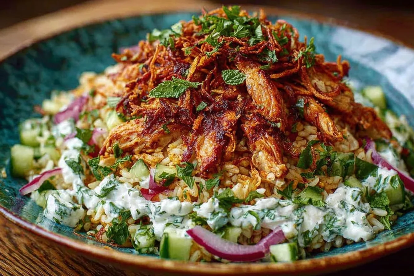Chicken Shawarma Crispy Rice Salad bowl with spiced shredded chicken, crunchy golden rice, cucumber, red onion, herbs, and creamy tahini sauce.