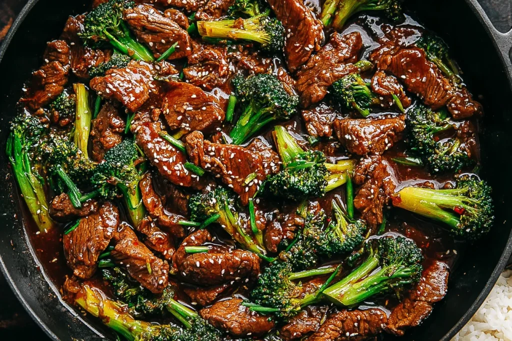 Chinese Beef and Broccoli stir fry cooking in a skillet with glossy sauce