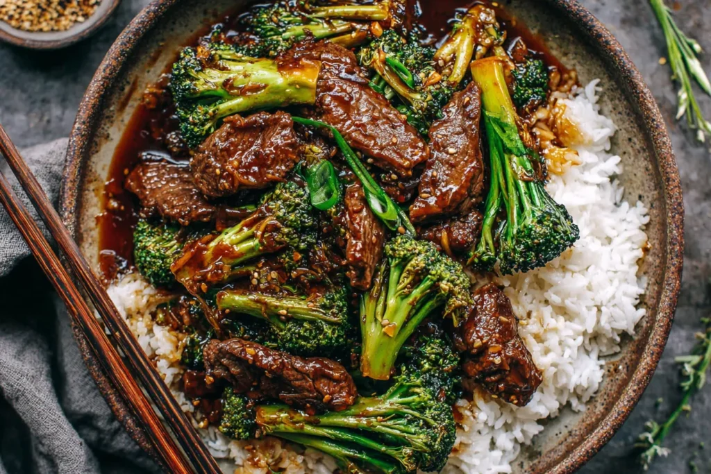Chinese Beef and Broccoli stir fry bowl with sesame seeds and green onions