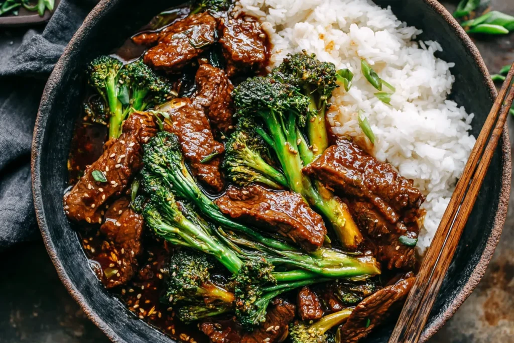 Chinese Beef and Broccoli served with steamed rice in a bowl with chopsticks
