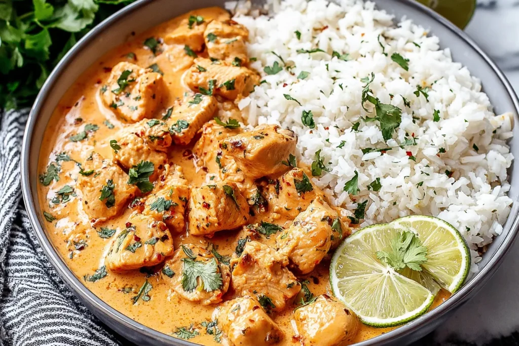 Coconut Chicken Rice Bowl with creamy coconut chicken, white rice, cilantro, and lime slices