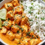 Coconut Chicken Rice Bowl with creamy coconut sauce, tender chicken, jasmine rice, lime wedges, and fresh cilantro