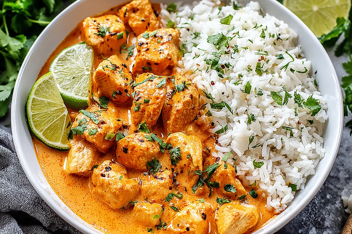 Coconut Chicken Rice Bowl with creamy coconut sauce, tender chicken, jasmine rice, lime wedges, and fresh cilantro