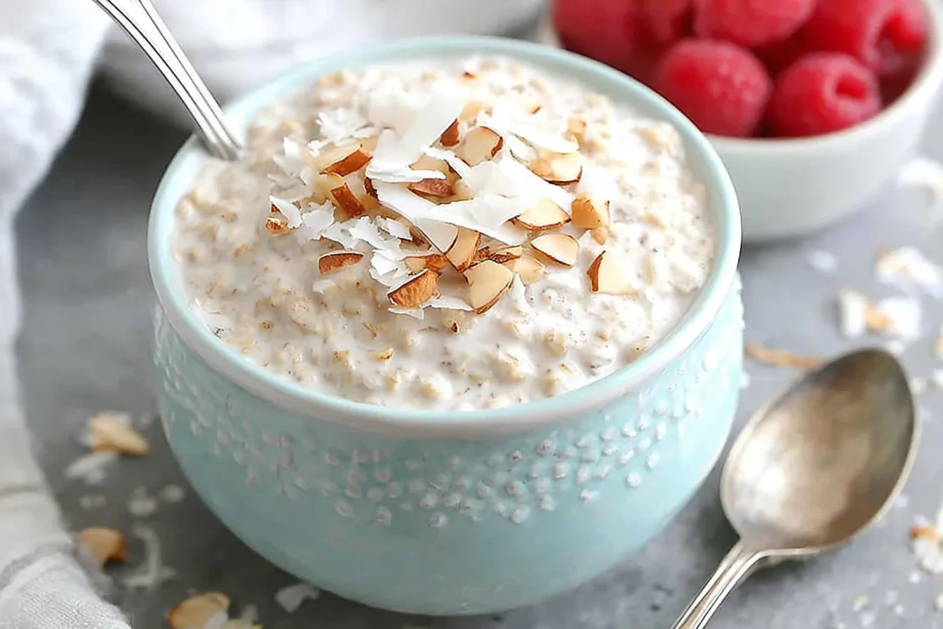 Creamy Coconut Cream Pie Overnight Oats topped with coconut flakes and sliced almonds in a blue bowl with raspberries