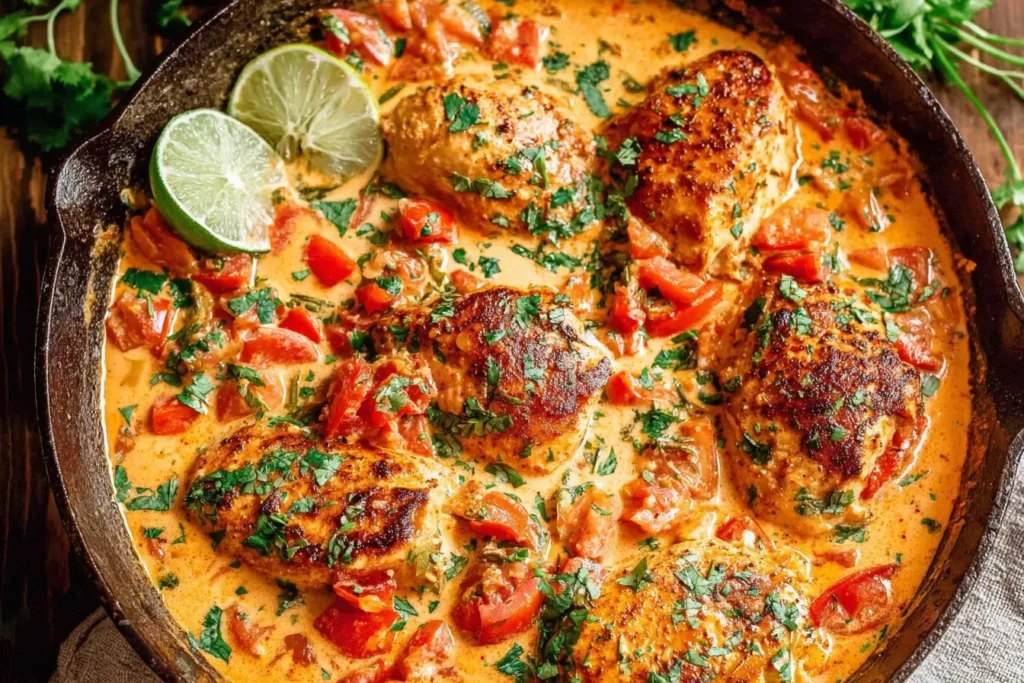 Coconut Milk Chicken Recipe with lime, tomatoes, and cilantro in a creamy coconut sauce