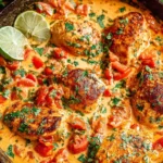 Coconut Milk Chicken Recipe with lime, tomatoes, and cilantro in a creamy coconut sauce