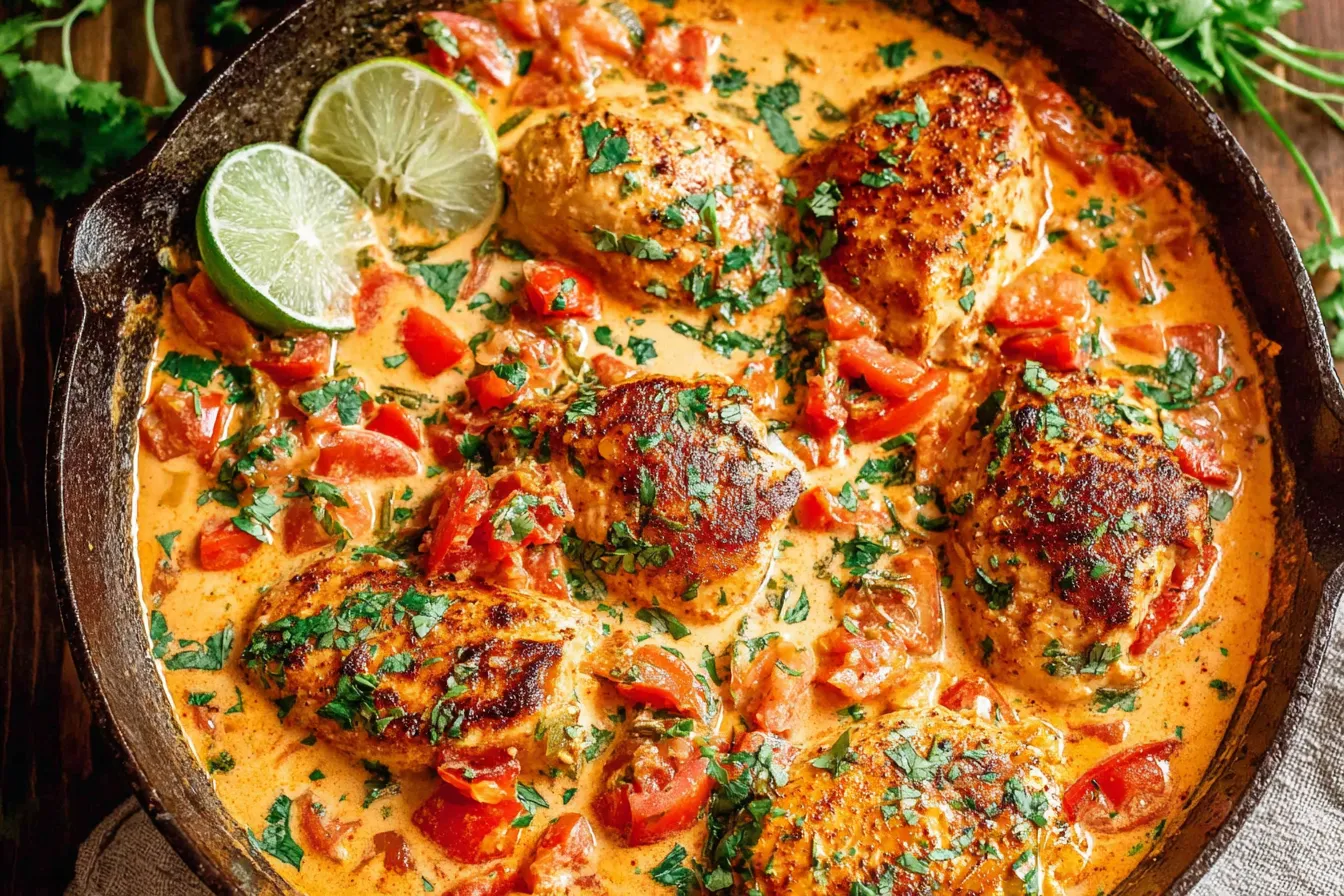 Coconut Milk Chicken Recipe with lime, tomatoes, and cilantro in a creamy coconut sauce