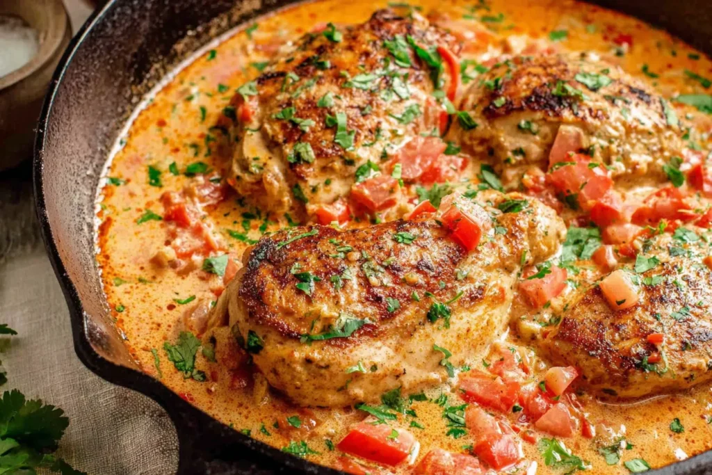Coconut Milk Chicken Recipe cooked in a skillet with creamy coconut sauce, tomatoes, and fresh cilantro