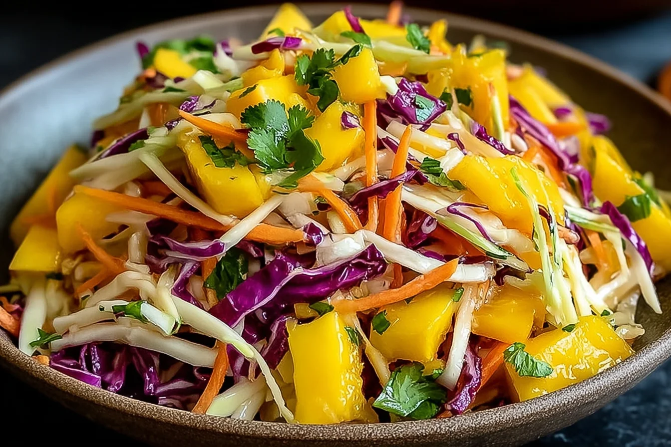 Fresh Mango Slaw with cabbage, carrots, and cilantro in a vibrant bowl