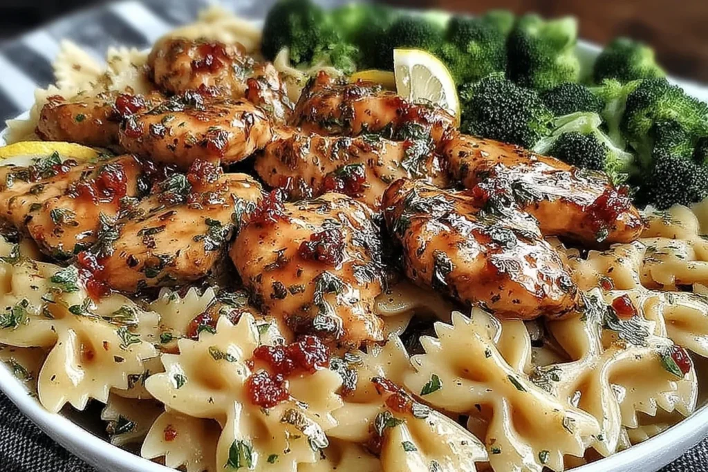 Cowboy Butter Lemon Bowtie Chicken with Broccoli served with creamy farfalle pasta, juicy seasoned chicken, and fresh broccoli florets