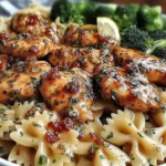 Cowboy Butter Lemon Bowtie Chicken with Broccoli served with creamy farfalle pasta, juicy seasoned chicken, and fresh broccoli florets