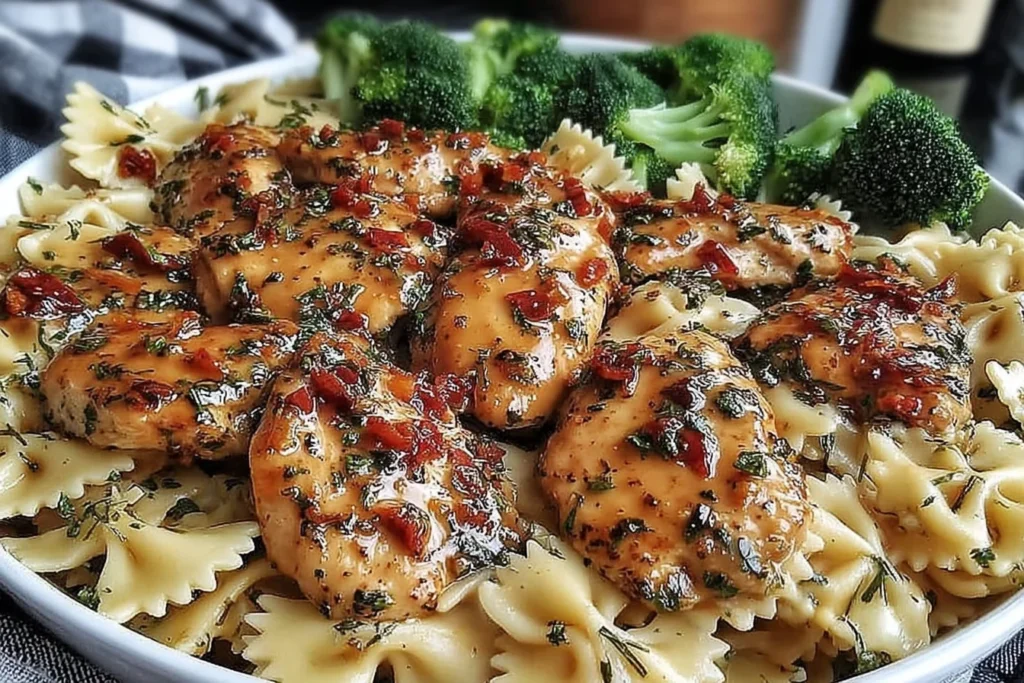 Cowboy Butter Lemon Bowtie Chicken with Broccoli featuring juicy garlic butter chicken over farfalle pasta with fresh steamed broccoli