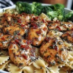 Cowboy Butter Lemon Bowtie Chicken with Broccoli featuring juicy garlic butter chicken over farfalle pasta with fresh steamed broccoli
