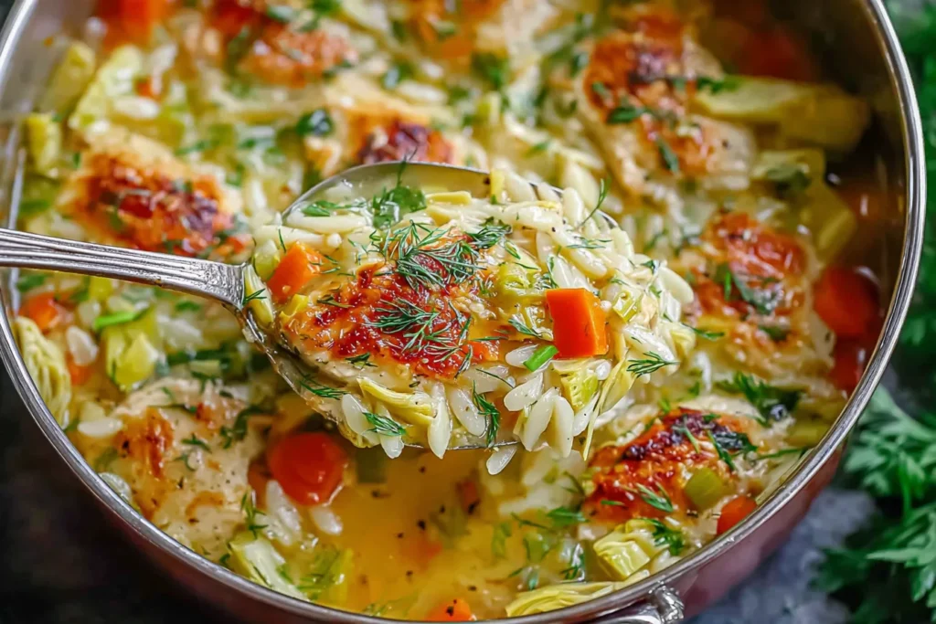Orzo Leek and Dill Soup with tender orzo pasta, fresh dill, carrots, and leeks in a light golden broth