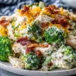Creamy Chicken Casserole with Broccoli and Bacon plated with shredded chicken and cheesy broccoli