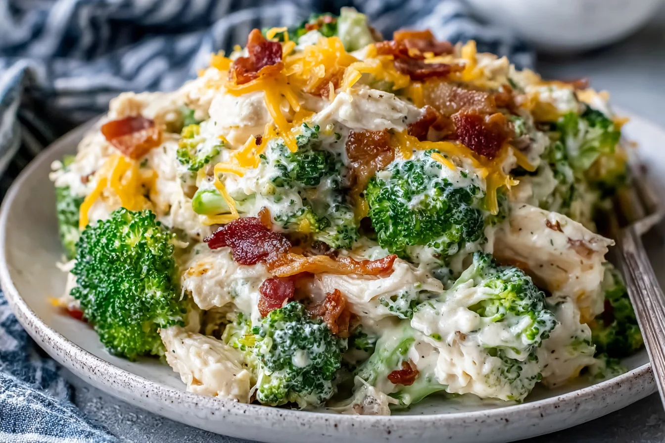 Creamy Chicken Casserole with Broccoli and Bacon plated with shredded chicken and cheesy broccoli