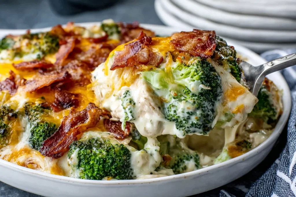 Creamy Chicken Casserole with Broccoli and Bacon served hot with melted cheese and crispy bacon topping