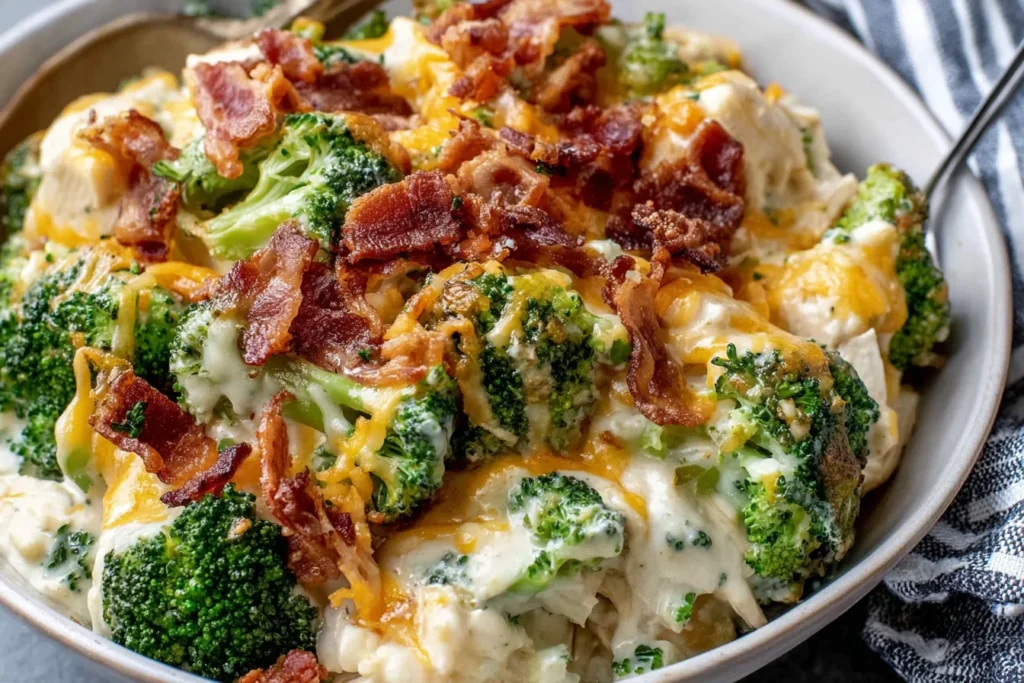 Creamy Chicken Casserole with Broccoli and Bacon in a bowl with rich cheese sauce and crispy bacon